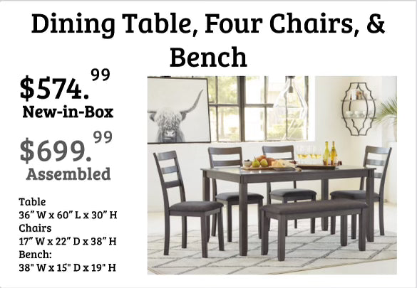 Dining Table, Bench, & Four Chairs - BRAND NEW!